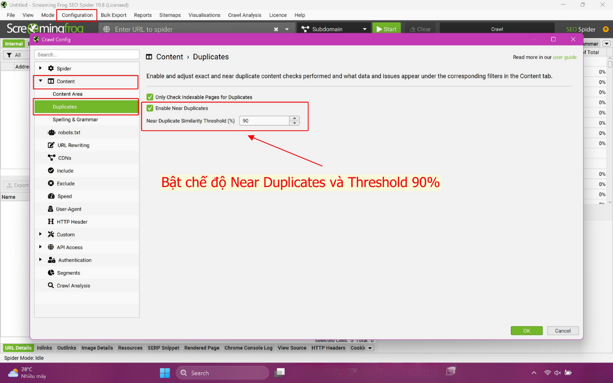Bật chế độ Near Duplicates trong Screaming Frog