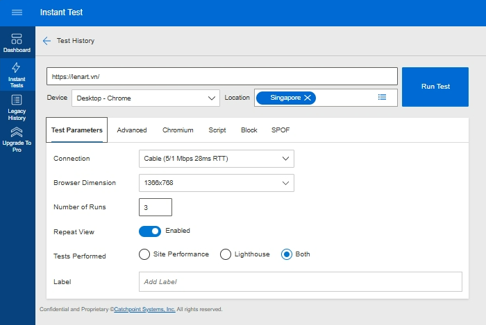 Chi tiết bảng cài đặt cấu hình test trong Catchpoint