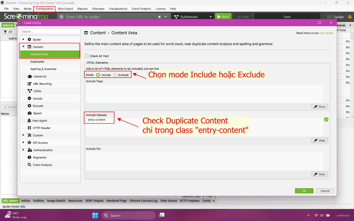 Chọn content area cần check Duplicate content