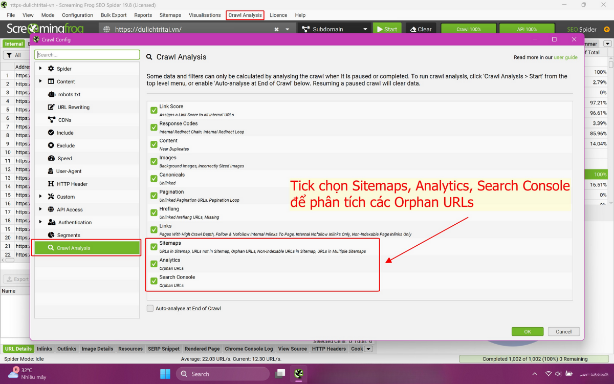 Crawl Analysis phân tích Orphan URLs