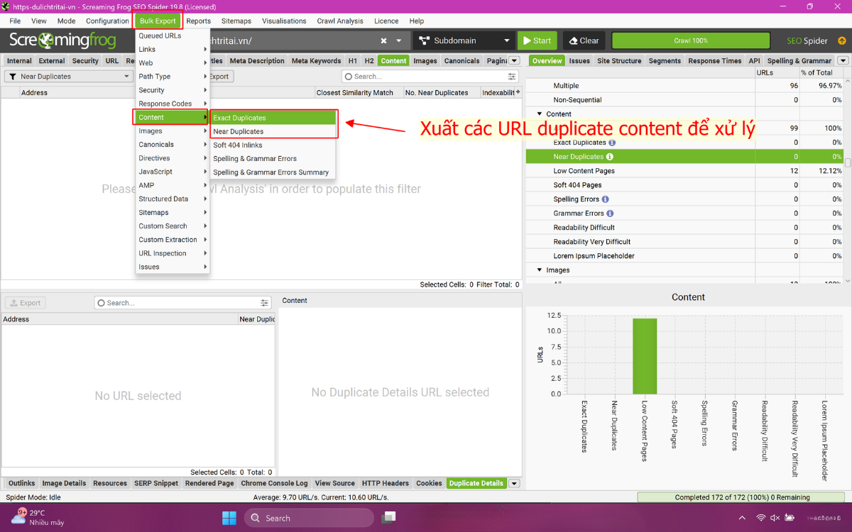 Export Duplicate Content từ Screaming Frog