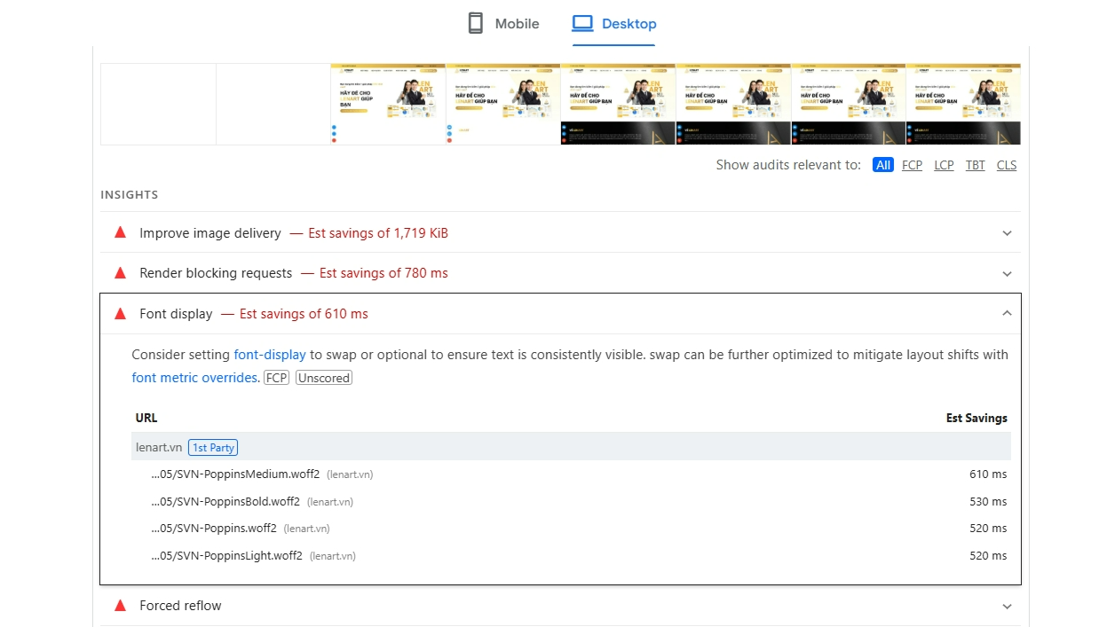 Kết quả phân tích chi tiết lỗi và đề xuất cho website của Google PageSpeed Insights