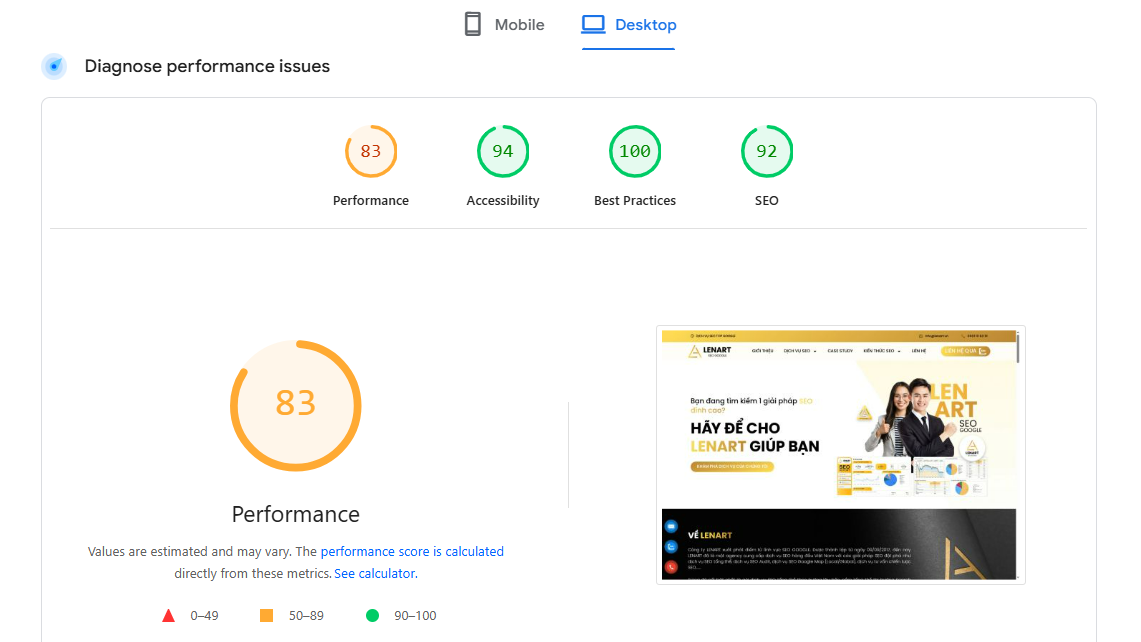 Kết quả phân tích website của Google PageSpeed Insights