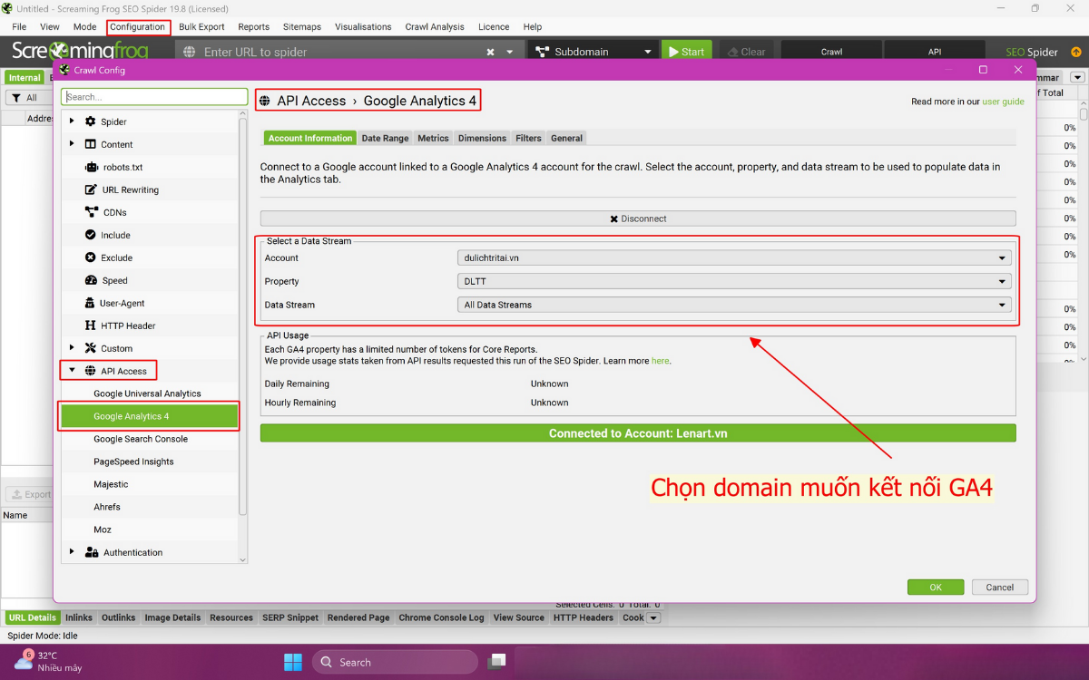 Kết nối API Google Analytics bằng Screaming Frog