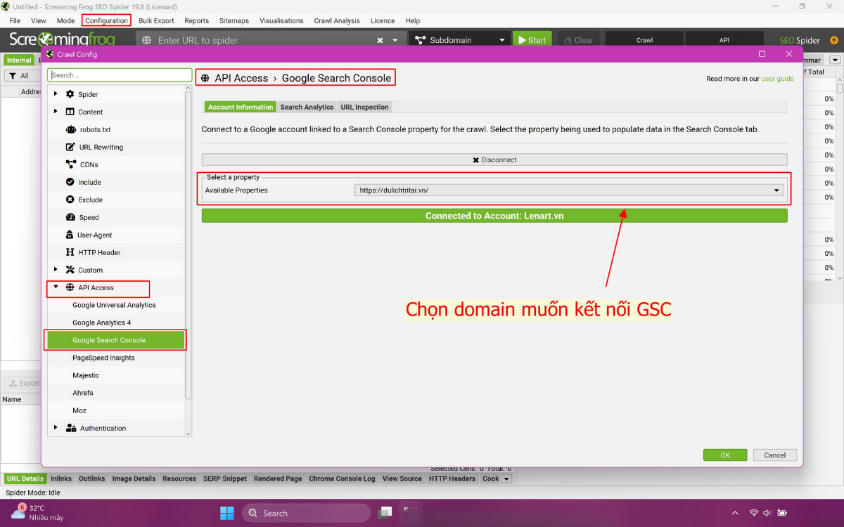 Kết nối API Google Search Console bằng Screaming Frog