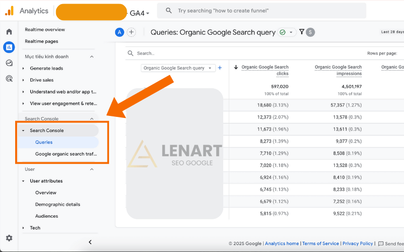Báo cáo Cụm từ tìm kiếm (Organic Search Queries)