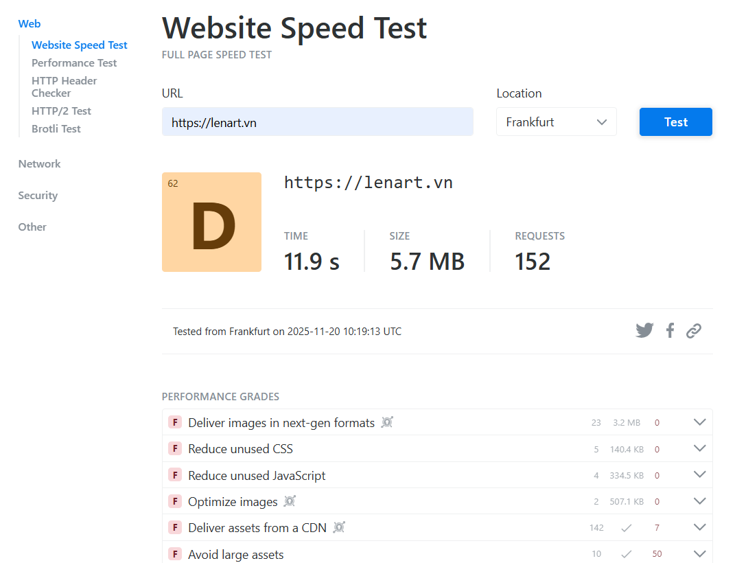 Kết quả phân tích website của KeyCDN