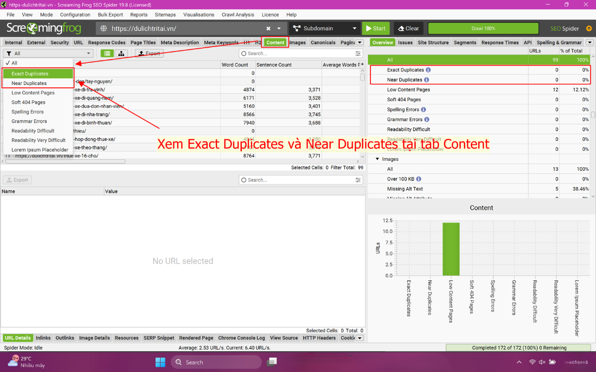 Kiểm tra Duplicate Content bằng Screaming Frog