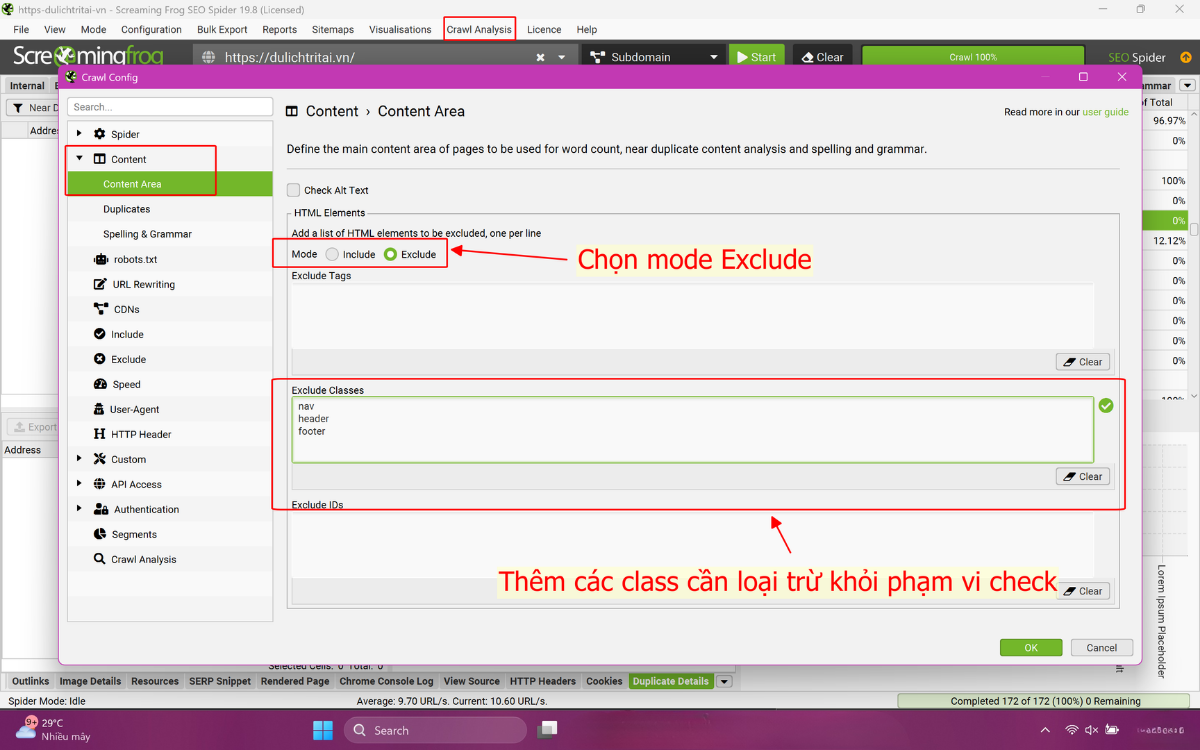 Refine content area Screaming Frog