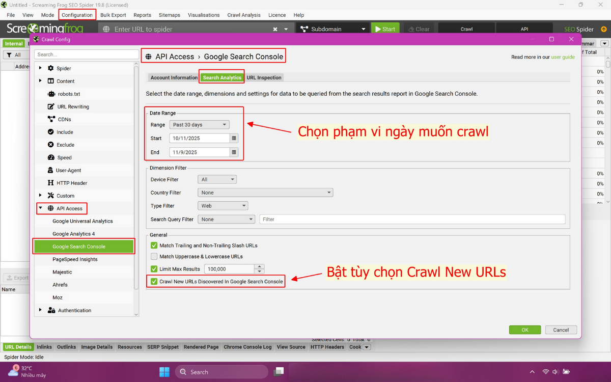 Thiết lập date range của GSC trong Screaming Frog