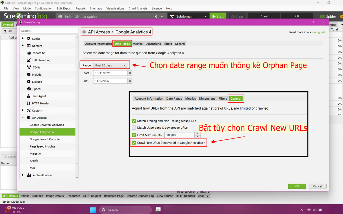 Thiết lập date range và tùy chọn GA4 trong Screaming Frog