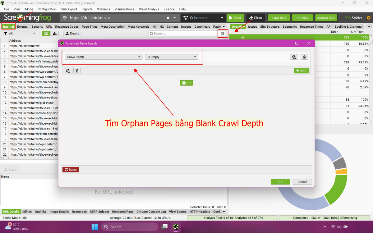 Tìm Orphan Pages bằng Blank Crawl Depth
