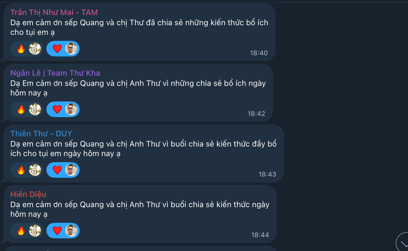 đội ngũ thực tập sinh và PIC cảm ơn leader Anh Thư đã chia sẻ kiến thức SEO cho họ