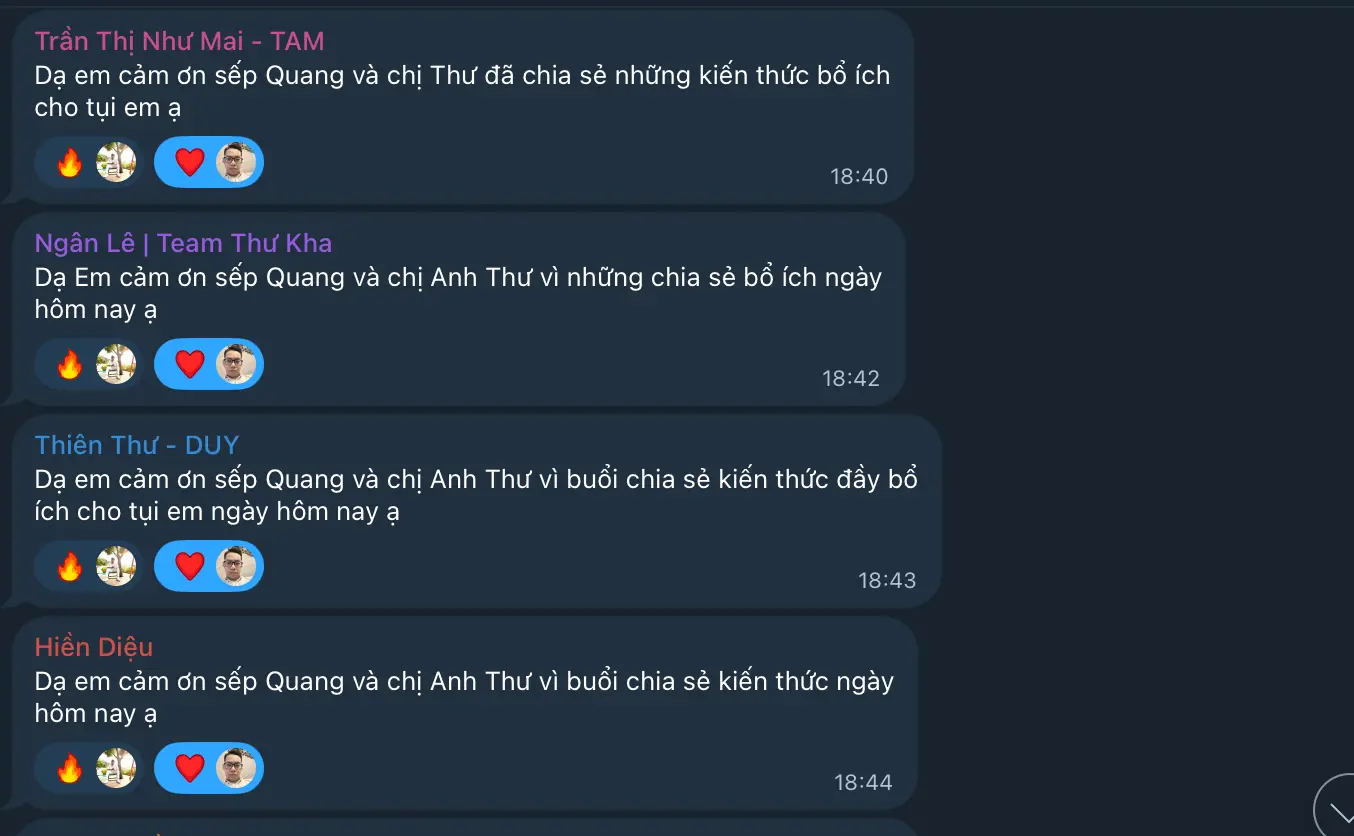 đội ngũ thực tập sinh và PIC cảm ơn leader Anh Thư đã chia sẻ kiến thức SEO cho họ